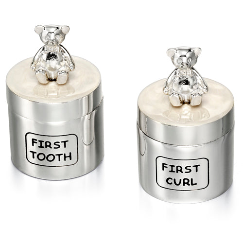 Teddy first tooth and curl boxes, silver plated