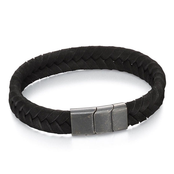 Black leather bracelet with brushed grey steel clasp