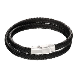 Black leather wraparound bracelet with steel clasp