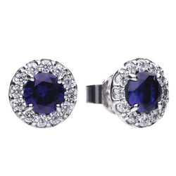 Blue cubic zirconia halo cluster earrings in silver