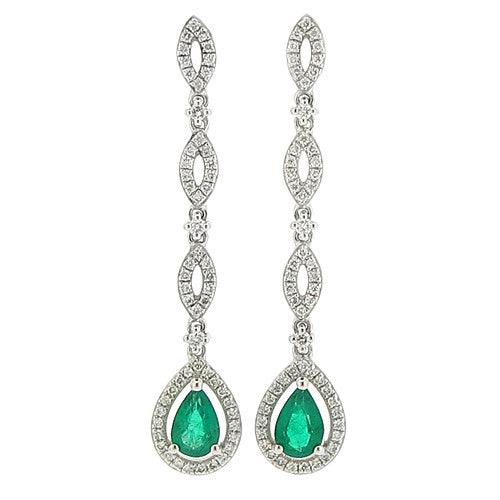 Earrings - Emerald and diamond drop earrings in 18ct white gold  - PA Jewellery