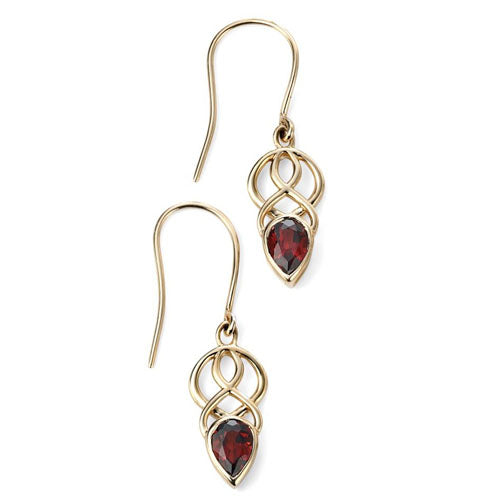 Garnet celtic design drop earrings in 9ct gold