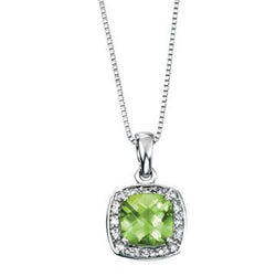 Peridot and diamond halo cluster pendant in 9ct white gold