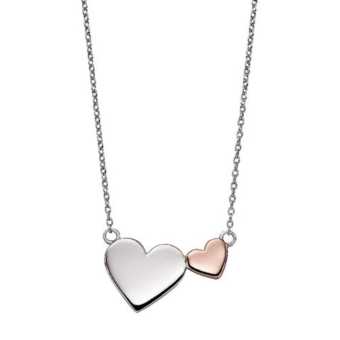 Double heart necklace in silver with rose gold plating