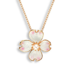 Enamel and freshwater pearl Dogwood pendant and chain in silver with rose gold plate