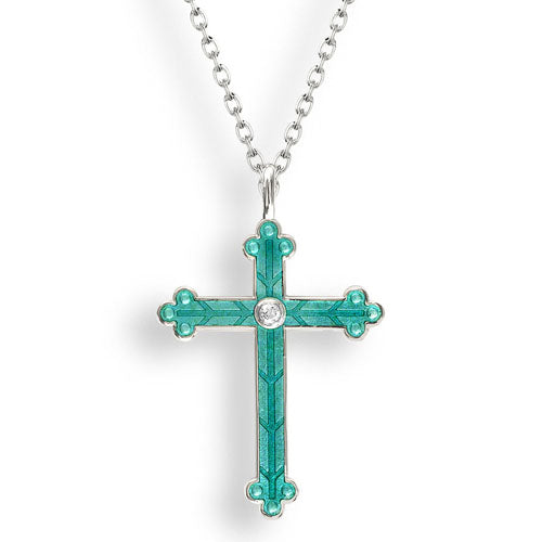 White sapphire and enamel cross pendant and chain in silver