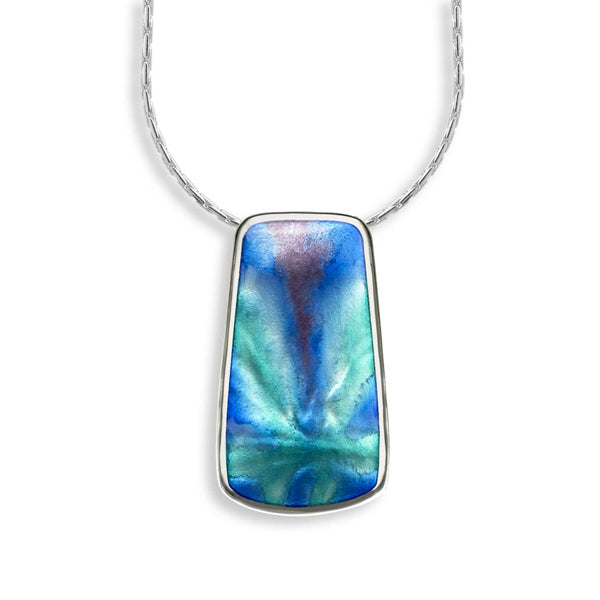 Aurora blue-green enamel pendant and chain in silver