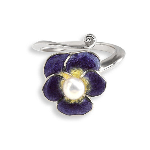 Enamel and freshwater pearl pansy ring in silver