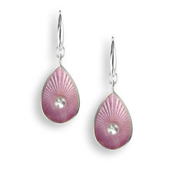 Freshwater pearl and pink enamel drop earrings in silver