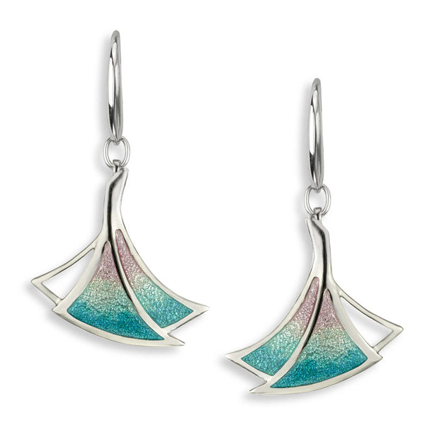 Pink-green fan-shaped drop earrings in silver