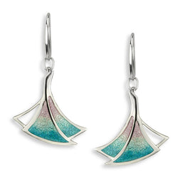 Pink-green fan-shaped drop earrings in silver