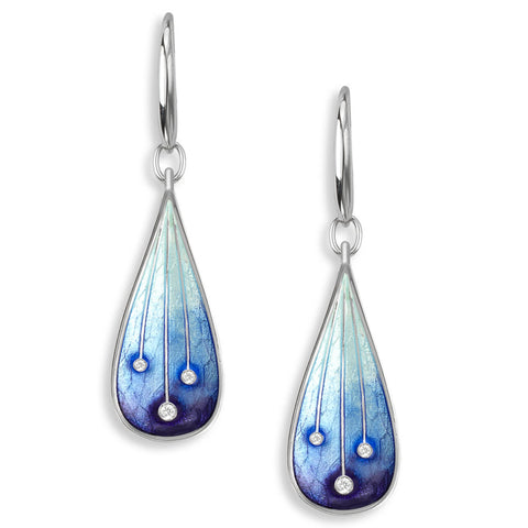 White sapphire and blue enamel drop earrings in silver