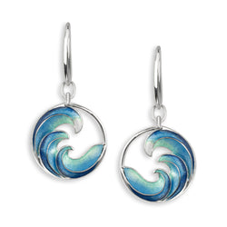 Wave design blue enamel drop earrings in silver