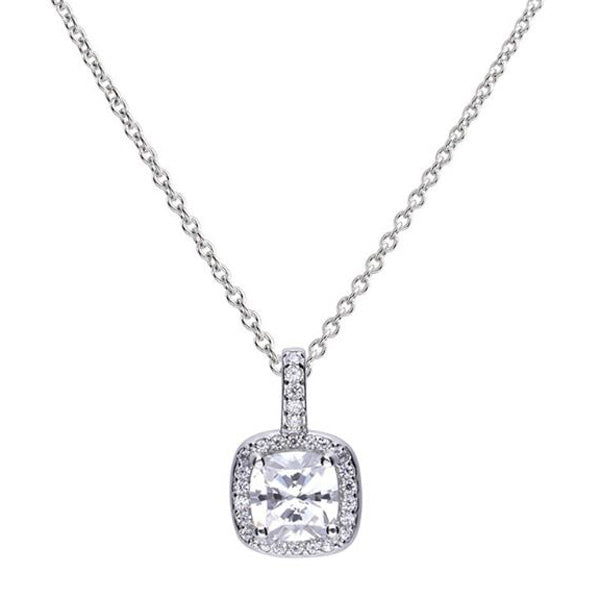 Cubic zirconia cushion shape halo cluster pendant and chain