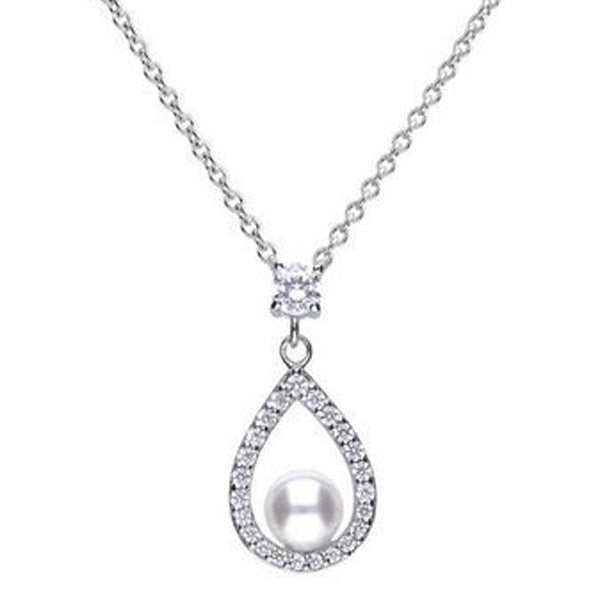 Simulated pearl and cubic zirconia drop pendant and chain in silver