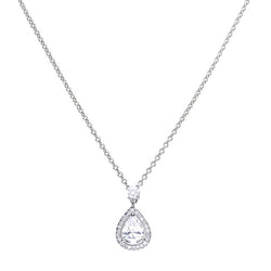 Pear shaped cubic zirconia halo pendant and chain in silver