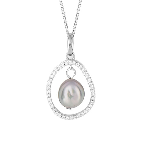 Keshi pearl and cubic zirconia pendant and chain in silver