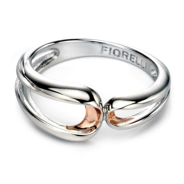 Curved asymmetrical ring in silver with rose gold plating