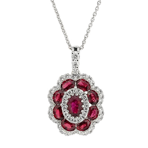 Ruby and diamond cluster pendant and chain in 18ct white gold