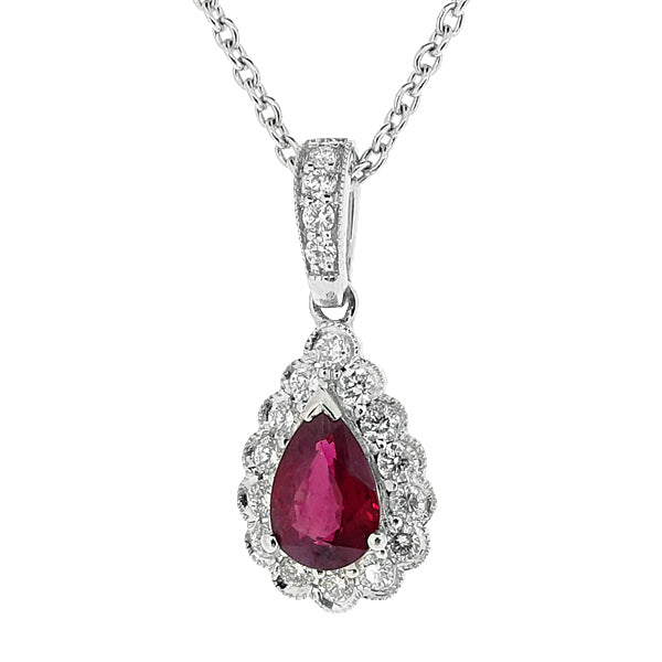 Ruby and diamond cluster pendant and chain in 18ct white gold