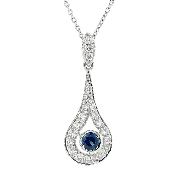 Sapphire and diamond cluster pendant and chain in 18ct white gold