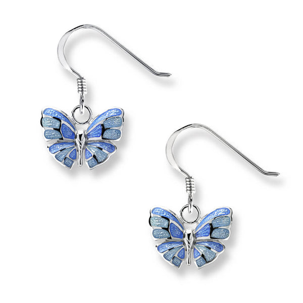 Blue butterfly enamel drop earrings in silver