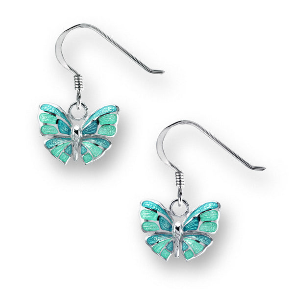 Turquoise enamel butterfly drop earrings in silver